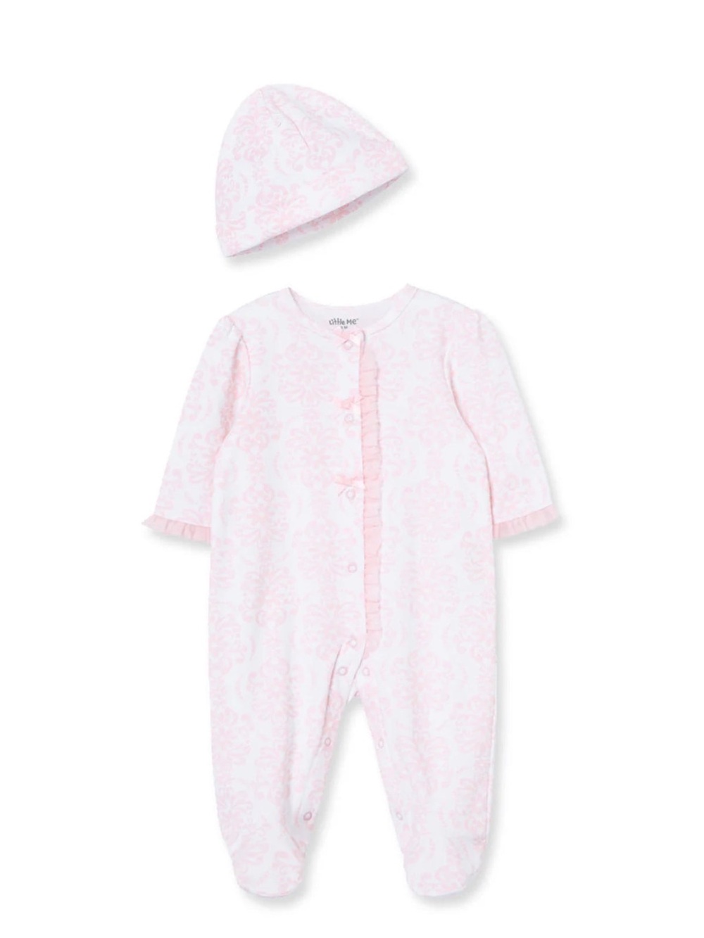 NWT Little Me Pink and White Damask Ruffle Footie and Hat Set 6M